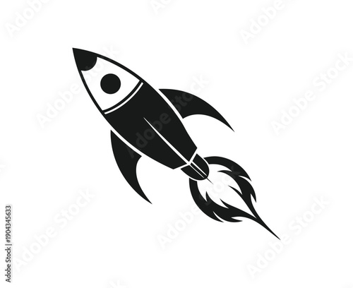 A minimalistic black and white rocket icon depicting a vehicle launching into space with fire.
