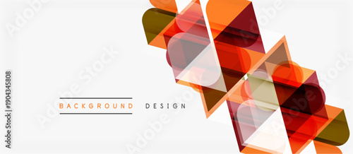 Abstract geometric shapes overlap, creating dynamic visual effect. Warm colors dominate design, with white space providing contrast.