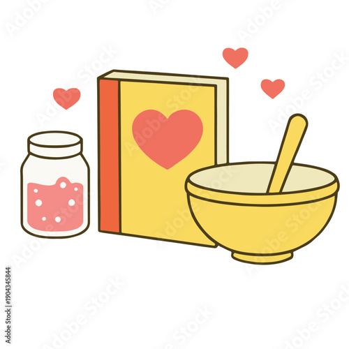 Recipe book mixing bowl glass jar heart love cooking cute illustration