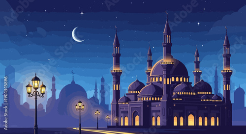 A serene ramadan night scene of a mosque with people praying during the fasting month of ramadhan.