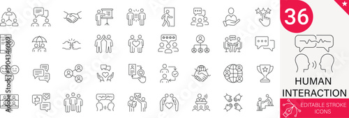 Human Interaction Icons Set. Communication, Teamwork, Meeting, Greeting, Collaboration, Relationship, Social, Connection. 36 Professional Line Icons with Editable Stroke. Ideal for Business.