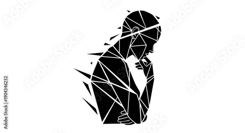 Abstract Silhouette of a Thinking Person, Fragmented Geometric Design