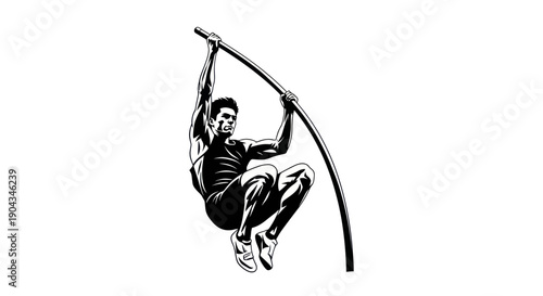 Athlete pole vaulting, dynamic action silhouette, black and white