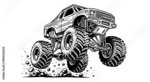 Slika na platnu Monster Truck Jumping Off-Road With Large Tires, Black and White Illustration