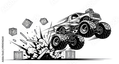Monster Truck Jumping Over Crates and Debris, Action Illustration