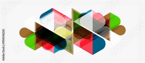 Abstract geometric shapes overlap, creating colorful translucent design. Modern composition with layered forms, vibrant hues.