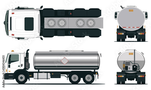 Detailed illustration of a fuel tanker truck in various views including top side and rear perspectives showing its large metal tank and wheels