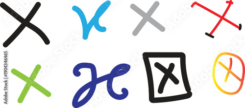 Hand drawn x mark symbols in different colors and styles