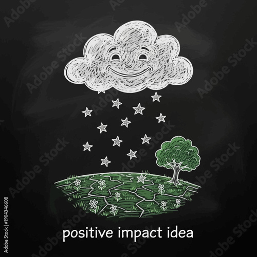 Hand-drawn vector illustration of smiling cloud with stars raining down on a tree and cracked earth with flowers,