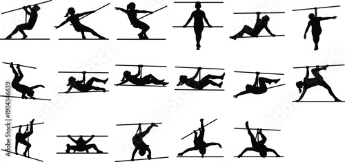 Vector silhouette set of circus performers and acrobats performing stunts on tightrope with balancing poles isolated on white background for entertainment and theater arts.
