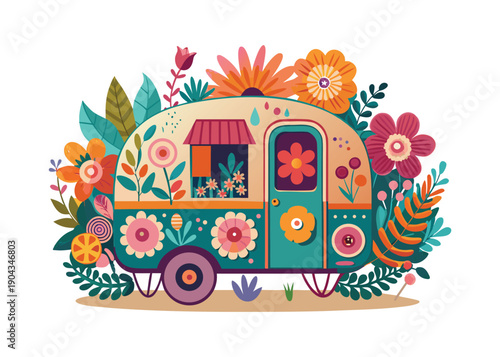 A charming retro caravan or travel trailer elaborately decorated with colorful flowers and lush foliage.
