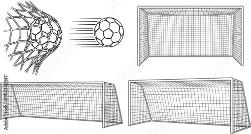 Vector set of soccer goal line art illustrations featuring a football hitting net scoring a goal and isolated empty goalposts for sports design.
