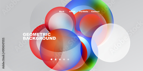 Abstract geometric shapes overlap, creating vibrant color gradients. Text labels indicate website navigation options. Background is grayscale.
