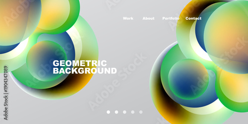 Abstract colorful shapes overlap gray background. Text displays work, about, portfolio, contact options. Dots indicate further sections.