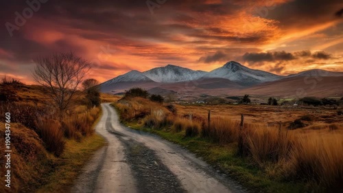 A winding dirt road leads towards snow-capped mountains under a dramatic orange sunset sky