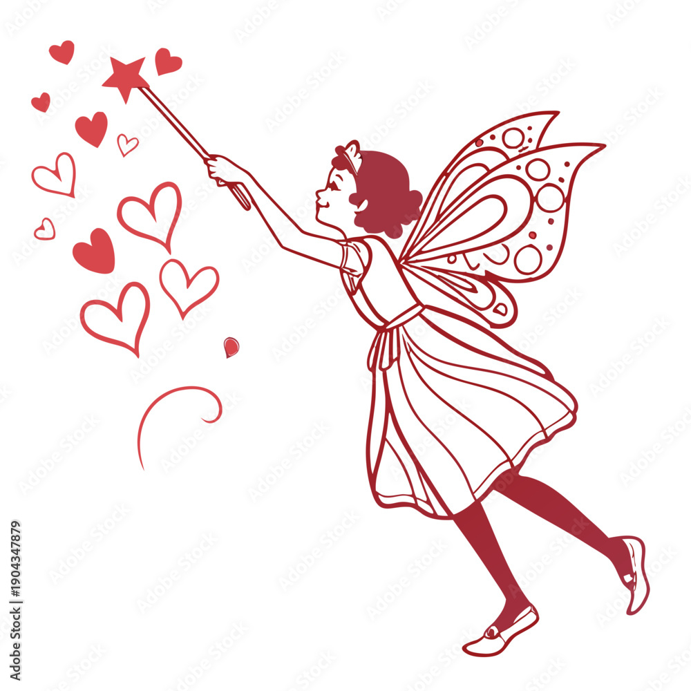 Fototapeta premium Valentine Fairy – Magical Flying Girl with Love Wand, Romantic Heart Dust, Cute Cupid Character, Vintage Style Line Art, Fairy Tale Illustration for Wedding, Invitation, Greeting Card, Pink & Romance