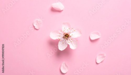 Delicate White Cherry Blossom Flower Petals Scattered on Pink Background.