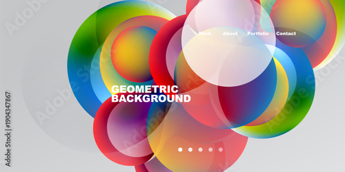 Abstract colorful circles overlap. Text includes geometric background, work, about, portfolio, contact. Gradient shades create dynamic visual effect.