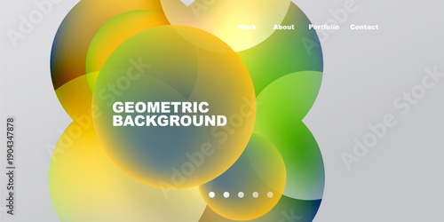 Abstract colorful shapes overlap, creating dynamic background. Text displays Geometric Background with navigation options above. Simple dots indicate further content.