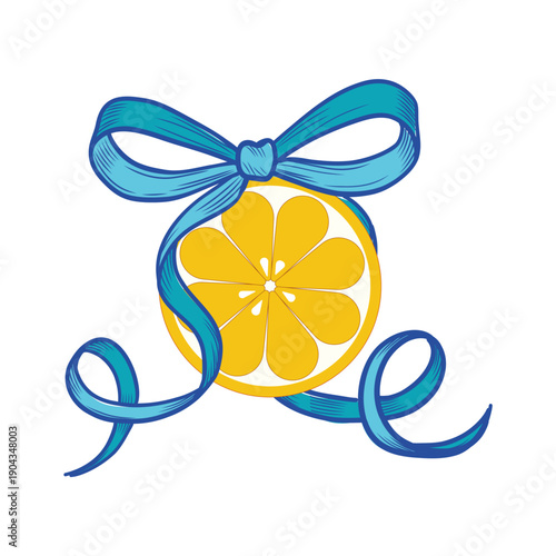 Round lemon slice decorated with a flirty blue bow. Vector color illustration. Whimsical summer Italian print. Traditional Mediterranean treat. Amalfi style with citrus and lemon.