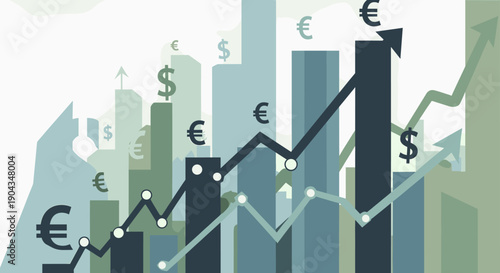 A modern graphic of an euro symbol with a rising graph line, conveying financial growth and success ideal for business presentations.