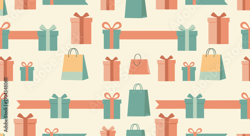 A cheerful pattern of gift boxes and shopping bags evokes a festive mood, perfect for holiday marketing materials.