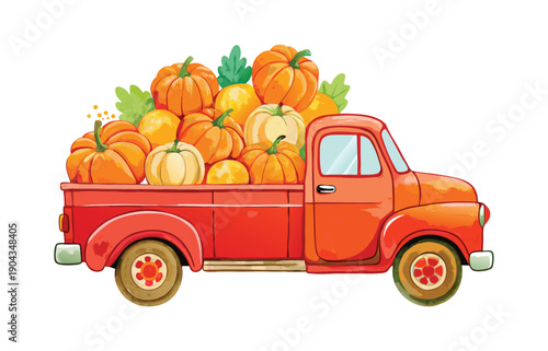 A rustic red vintage pickup truck carrying a generous load of assorted pumpkins and gourds in its bed.
