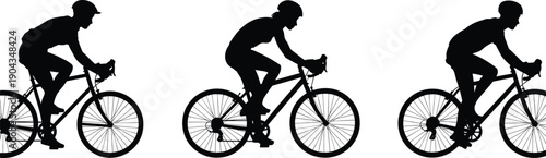 Silhouette cyclist riding bicycle, cycling sport action, road bike athlete, fitness training concept, isolated black rider illustrationSilhouette cyclist riding bicycle, 