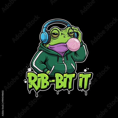 Cool Frog DJ with Headphones and Bubble Gum.