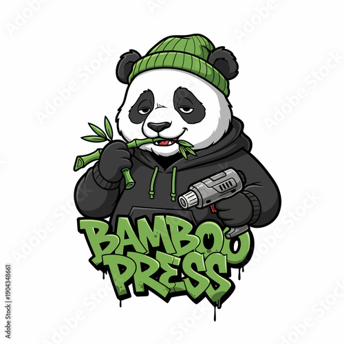 Cool Panda Mascot with Bamboo and Heat Gun.