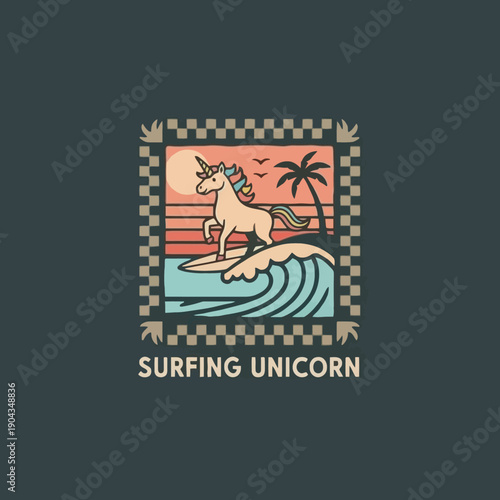 Magical Unicorn Riding a Surfboard on a Wave.