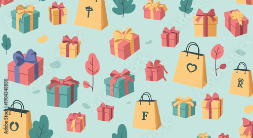 A cheerful illustration of a shopping bag and gift box, perfect for conveying a sense of joy and celebration in marketing materials.