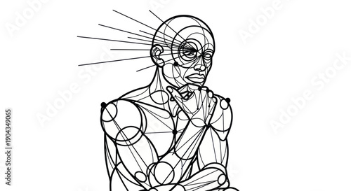Abstract human figure, thinking pose, geometric construction, mental concept