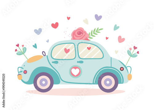 A whimsical light blue wedding car decorated with hearts, flowers, and lovely pastel accents for celebration.
