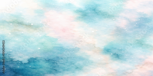 Hand drawn abstract watercolor background featuring a bright blue summer sky with white clouds and sunny light for a beautiful nature atmosphere