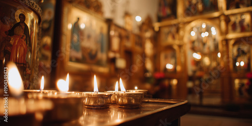 Candles burning in front of religious icons inside an ornate church  
