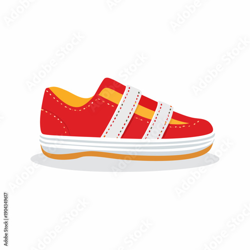 Bright Red Sporty Toddler Shoe with White Straps Flat Vector Illustration