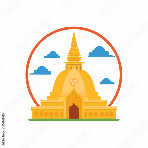 Buddhist Stupa Illustration: Golden Pagoda with Clouds, Circular Frame, Architecture Icon