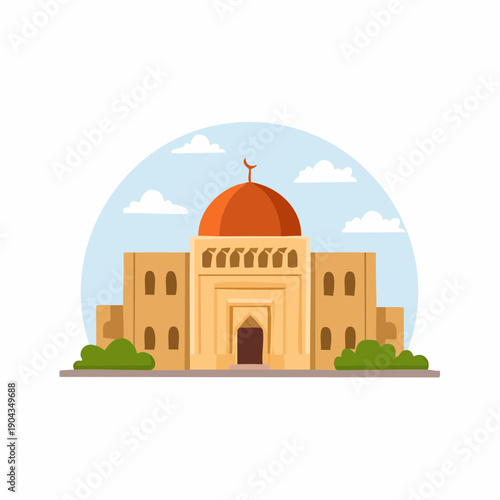 Islamic architecture illustration showing a mosque with a dome and archways against a sky background ideal for religious designs