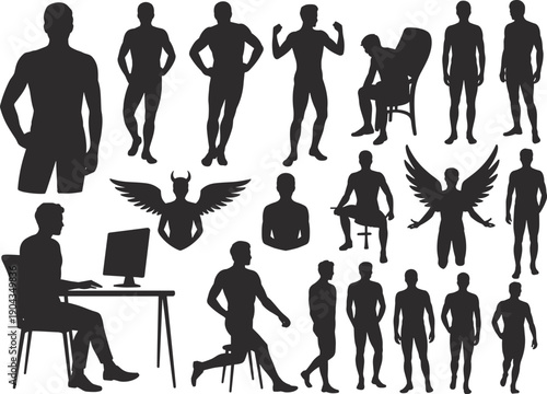 Male human silhouette set, man body poses actions collection, standing sitting walking gestures, isolated black people vector illustration
