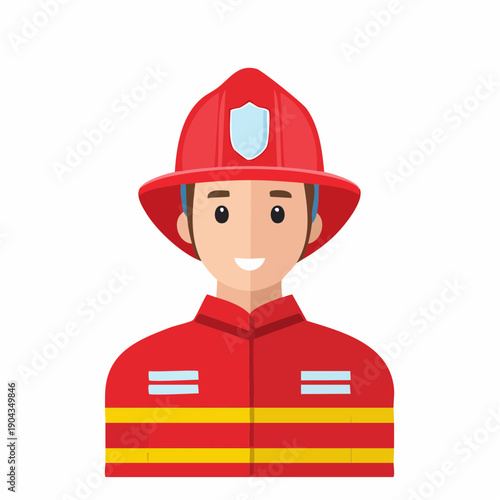 Smiling Firefighter Flat Vector Illustration of a Young Fireman in Red Uniform and Helmet