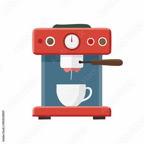 Red Coffee Maker Prepares Espresso Cup Beverage Freshly with Flat Vector Illustration