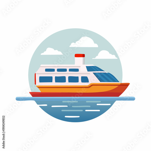 Cartoon ferryboat sails on calm water under cloudy sky, colorful vessel and nautical transportation concept, a circle icon.