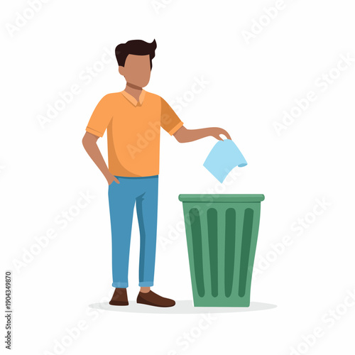 Person throwing paper into green plastic trash can for recycling or waste management