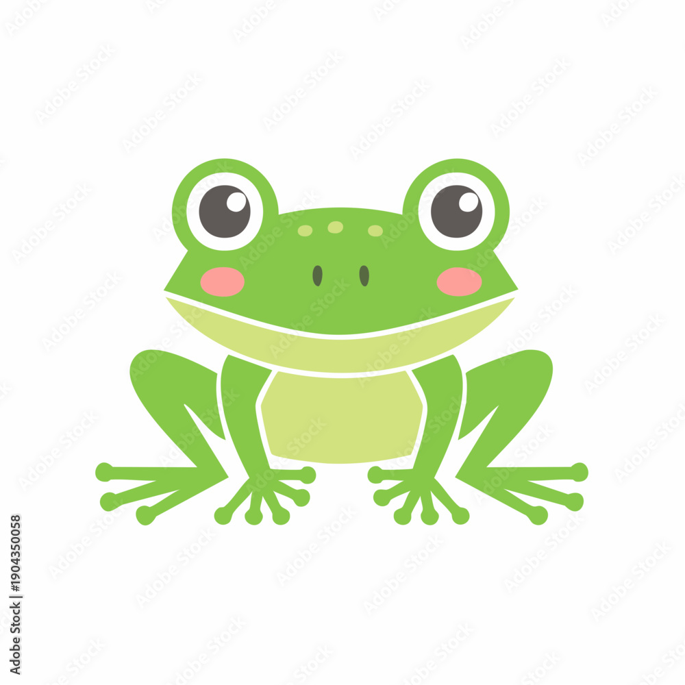 Obraz premium Cute green cartoon frog illustration with big eyes sitting facing the viewer