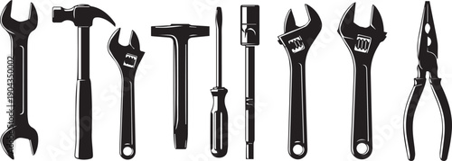 Collection of various black silhouette tools on Transparent Background, including wrenches, hammers, screwdrivers, and pliers.