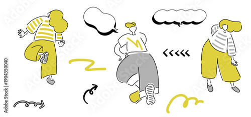 踊る男女_矢印+吹き出し+ゆるシェイプ｜シンプルカラー,線画,ハンドドローイング,ベクターイラスト｜People Dancing,vector illustration
