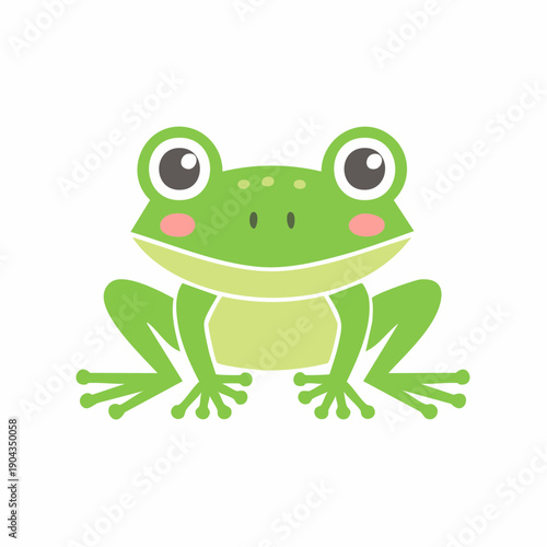Cute green cartoon frog illustration with big eyes sitting facing the viewer