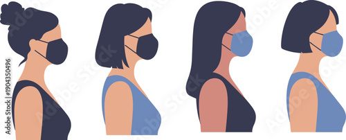 Women wearing face mask profile illustration, female side view portraits, health protection concept, covid prevention safety, isolated flat vector design
