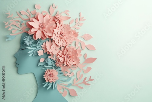 Silhouette portrait featuring a cascade of three dimensional paper flowers and foliage